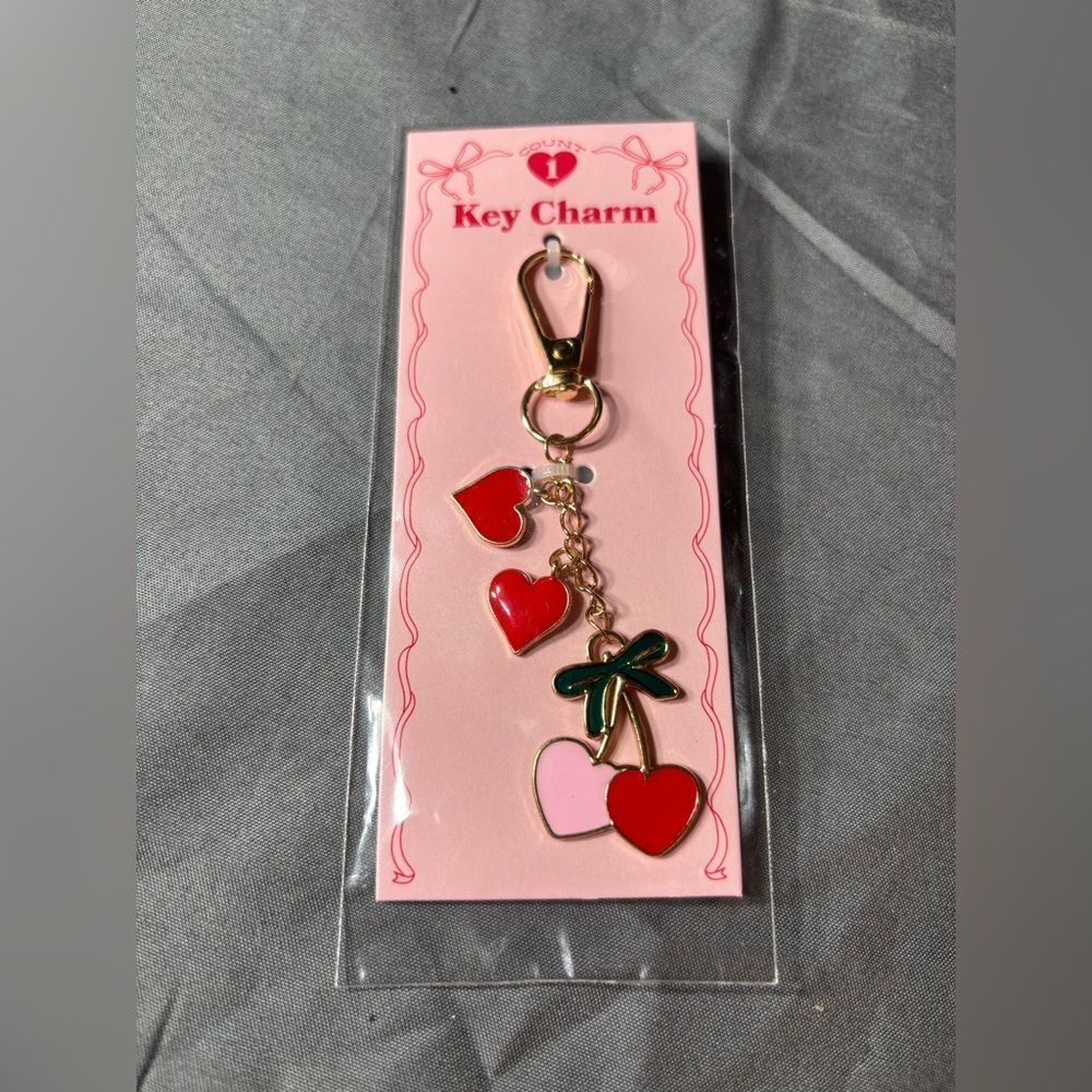 New Gold-Tone Heart & Bow Key Charm in Red, Pink & Green